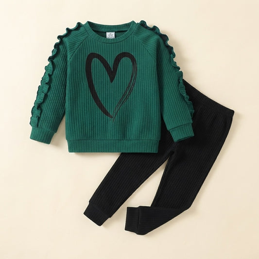 Heart Print Ruffle Sweatshirt Set